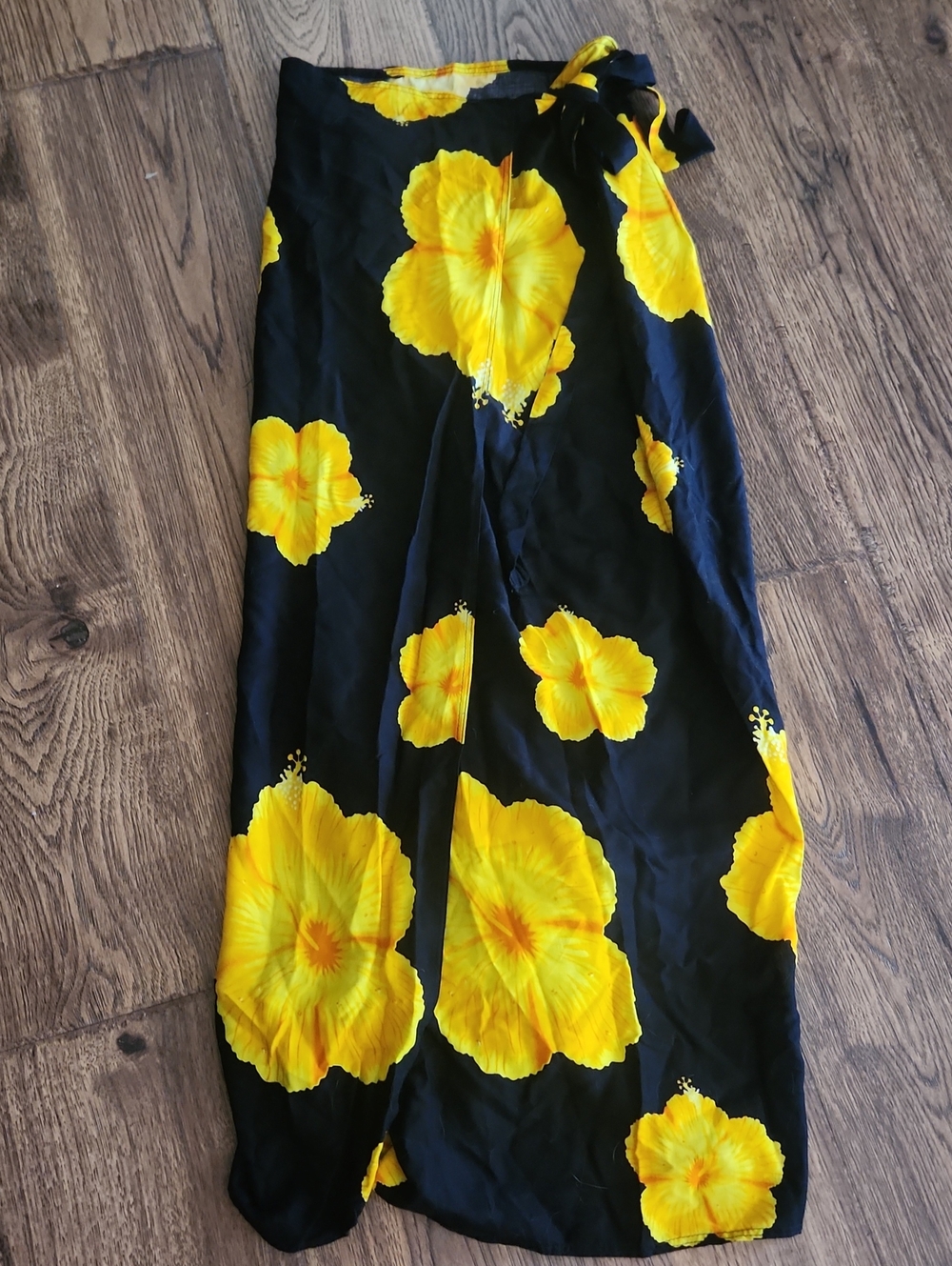 Black Maxi Skirt with Bright Yellow Floral Print and Waist Tie